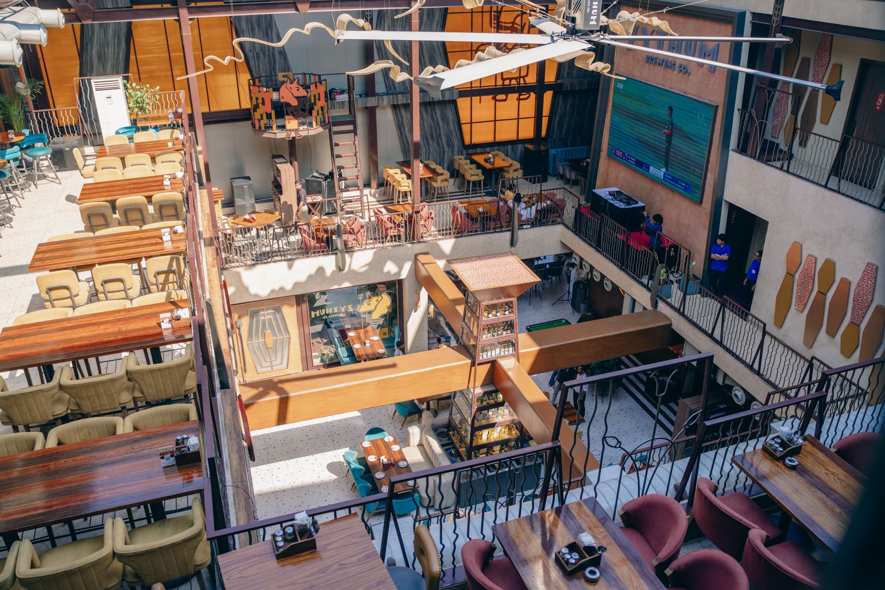 View from the top floor down across the atrium