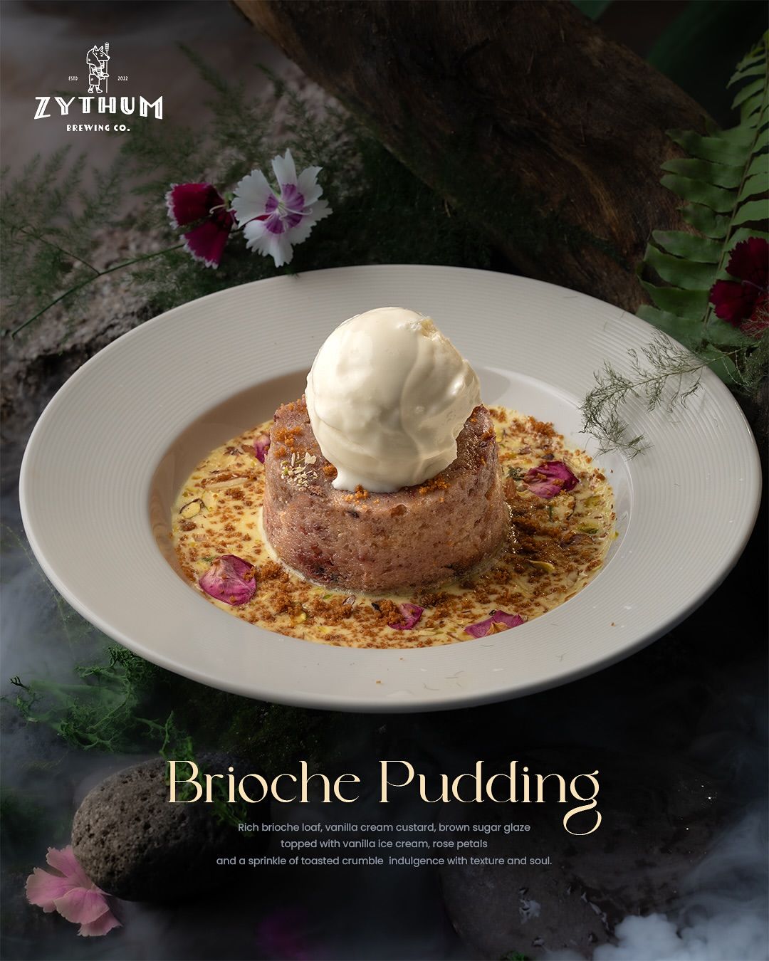 Brioche pudding with ice cream